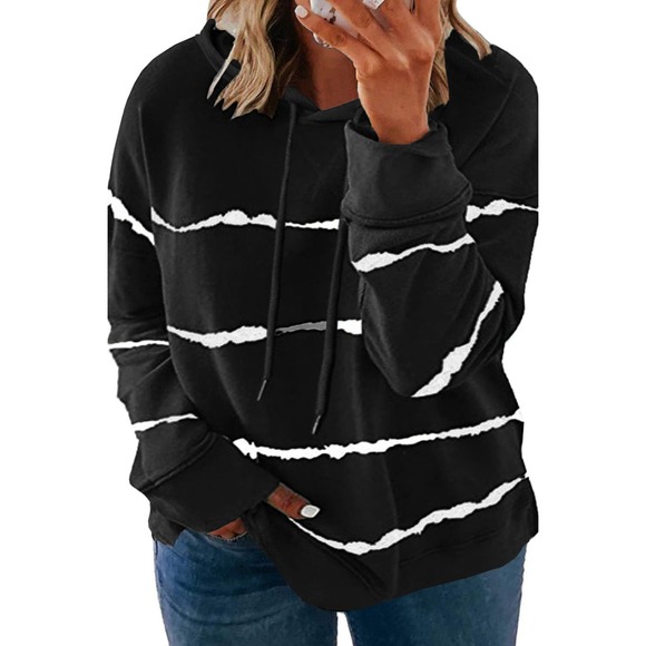 BLACK WHITE TIE DYE STRIPED SOFT DRAWSTRING HOODIE SIZE 2X (18-20) - Picture 4 of 8